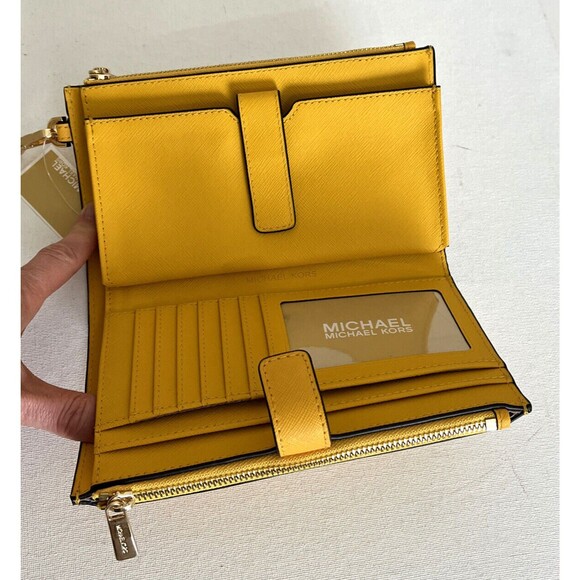 New Michael Kors Jet Set Travel Double Zip Wallet Leather Jasmine Yellow - Picture 5 of 5